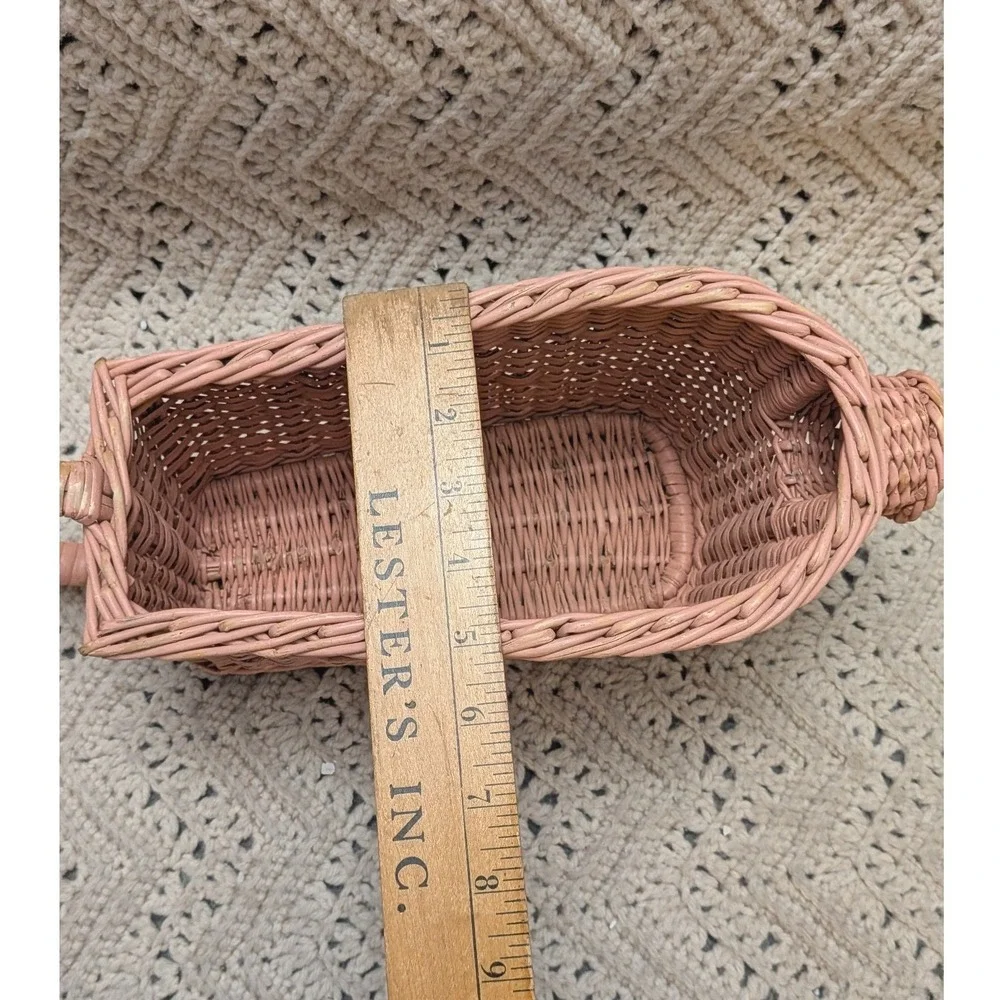 Vintage Pink Wicker Yarn Basket Scoop Shape Woven Storage with Handle